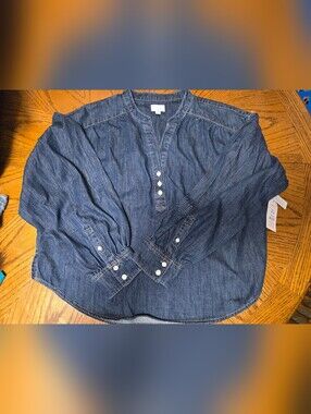 Time and Tru Dark Blue Denim Henley Blouse